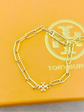 Tory Burch Gold Paperclip Link Bracelet with Logo Charm